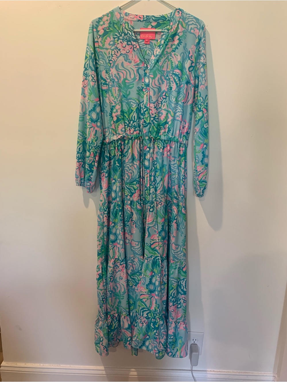 Vintage Lilly Pulitzer Aqua, Pink & Green Printed Long-Sleeve Dress